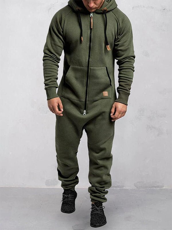 Men's Casual Solid Color Zipper Pocket Fleece Hooded Jumpsuit