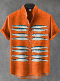 Men's Vintage Fish Art Print Linen Blend Shirt