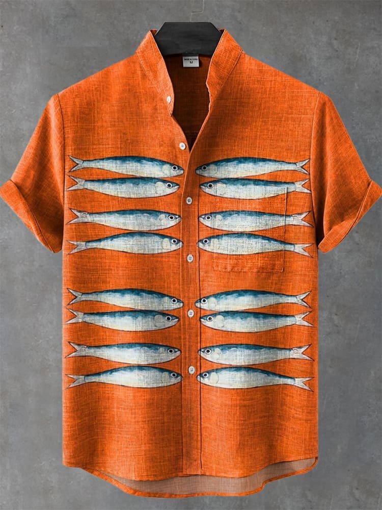 Men's Vintage Fish Art Print Linen Blend Shirt