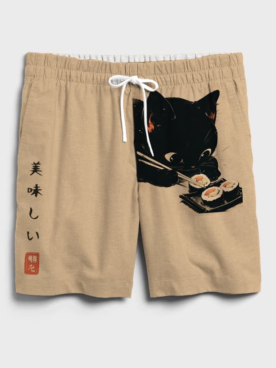 Men's Black Cat Eating Sushi Print Casual Shorts