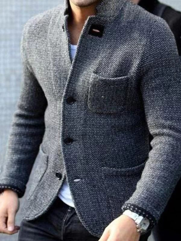 Men's Business Casual Slim Stand Collar Single Breasted Pocket Knit Jacket