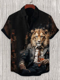 Men's Lion Gentleman In The Bar Art Print Linen Blend Shirt