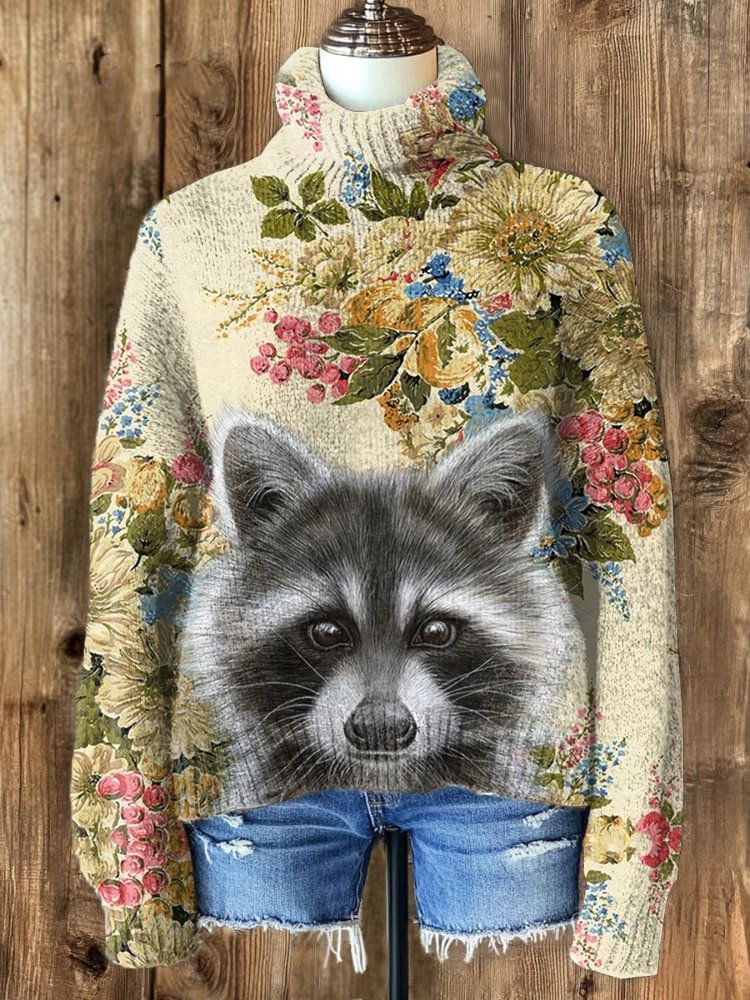 Women's Flowers and Raccoon Print High Neck Knit Sweatshirt