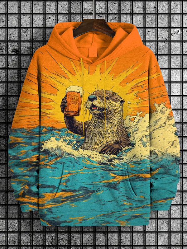 Men's Otter Drinking In The Sea Wave Print Casual Hoodie