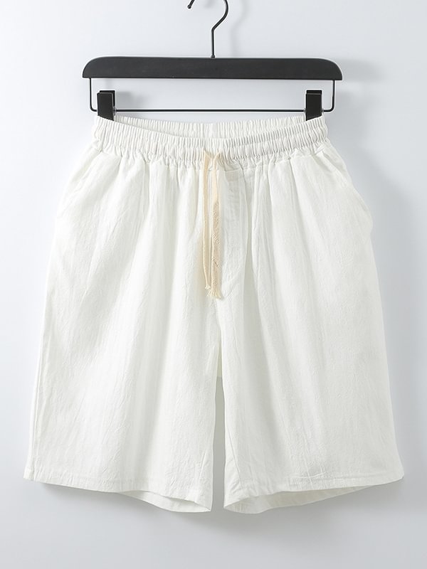 Men's Drawstring Elastic Waist Pockets Solid Color Cotton Linen Shorts