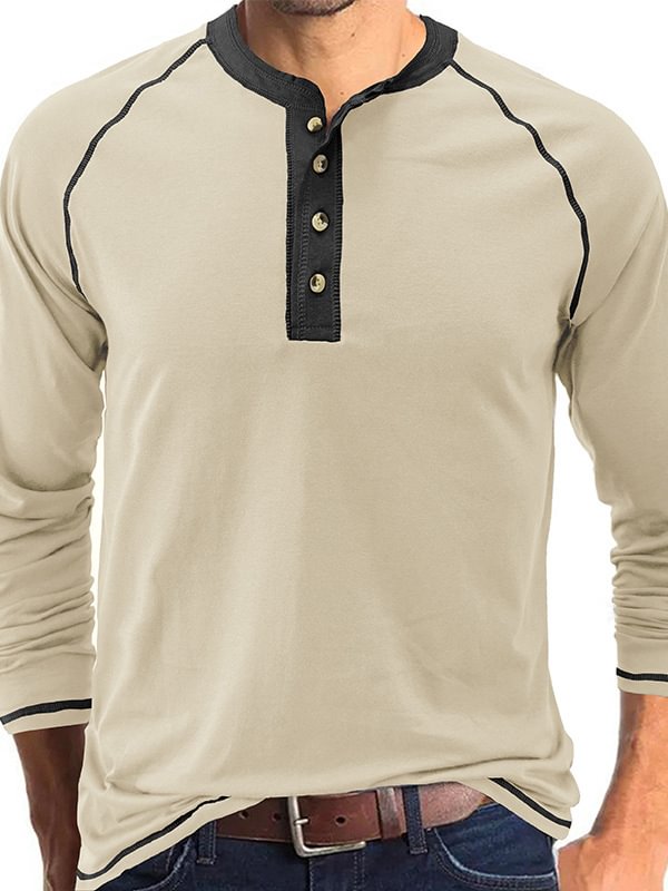 Men's Casual Color Matching Half Button Long Sleeve Henley Shirt