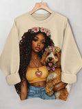 Women's Confident Black Girl and Her Dog Print Cozy Sweatshirt