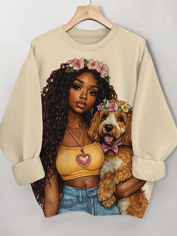 Women's Confident Black Girl and Her Dog Print Cozy Sweatshirt