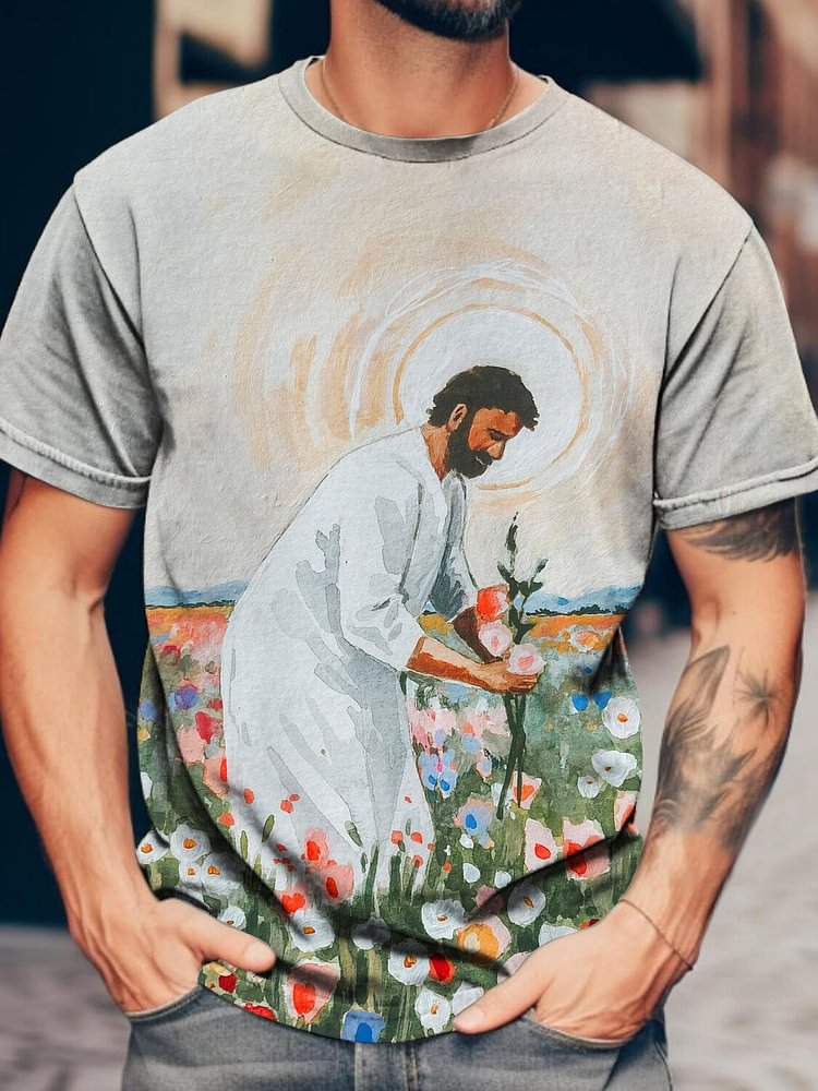 Men's Jesus Picking Flowers Watercolor Art Print T-Shirt