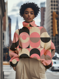 Women's Colorful Round Circle Matching Print High Neck Knit Sweatshirt