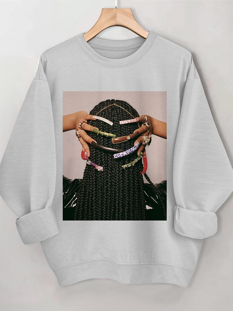 Women's Beautiful Braids And Nails Print Cotton Long Sleeve T-Shirt Thin Sweatshirt