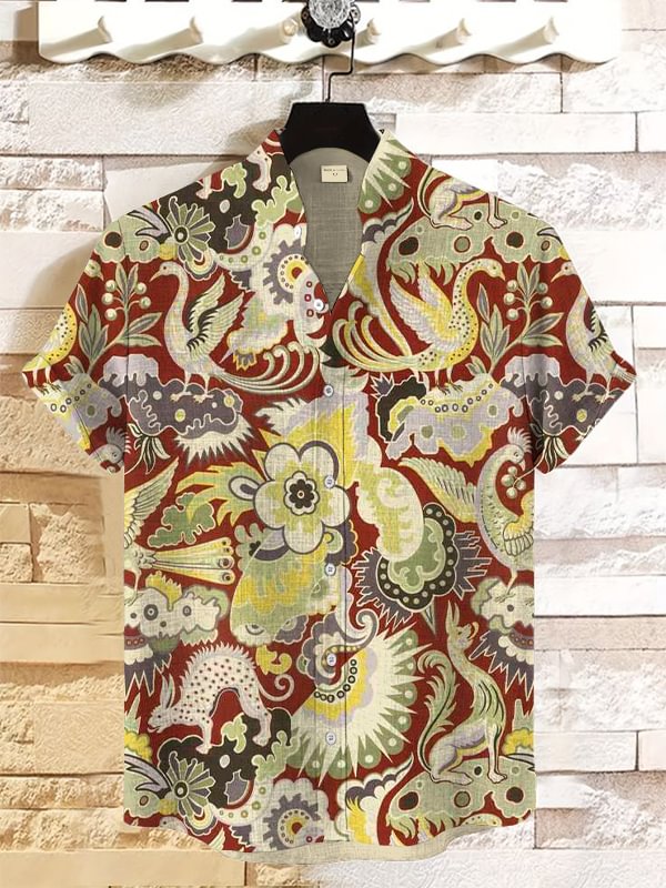 Men's Mythology Animals And Flowers Patterns Print Linen Blend Shirt