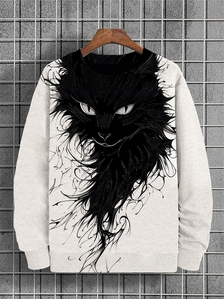 Men's Black Cat Mystery Art Print Casual Sweatshirt