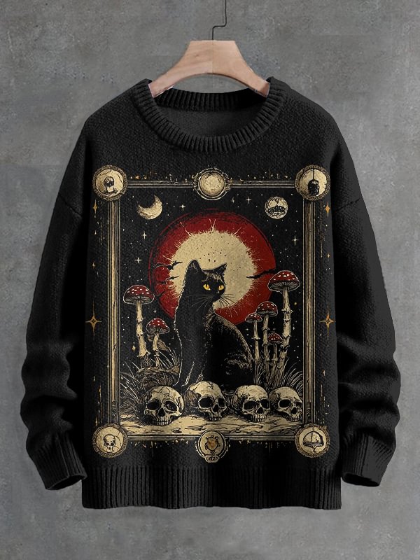 Men's Spooky Mushroom Forest With Skull And Black Cat Art Print Knit Sweatshirt