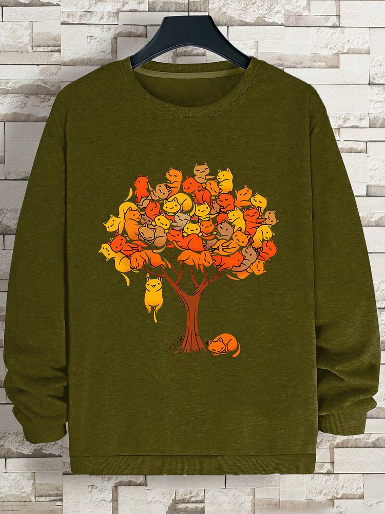 Men's A Group Of Cats On The Tree Print Cotton Casual Sweatshirt