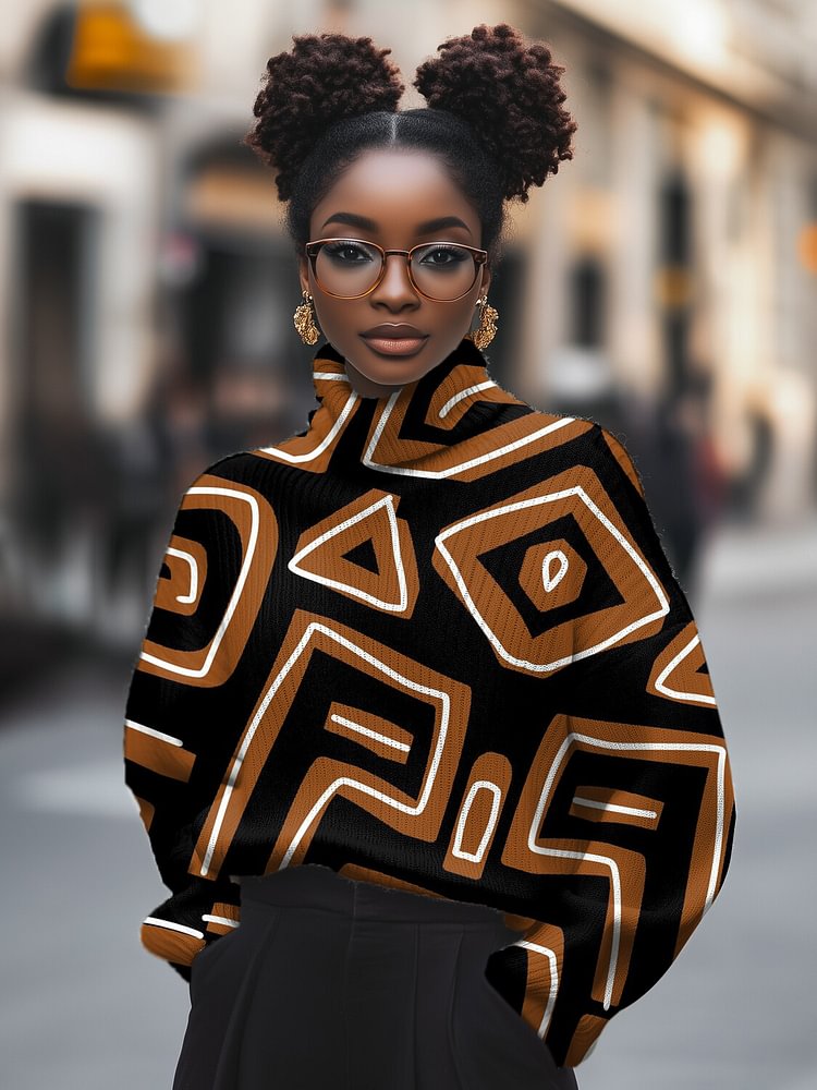 Women's Geometric Pattern Art Print High Neck Knit Sweatshirt