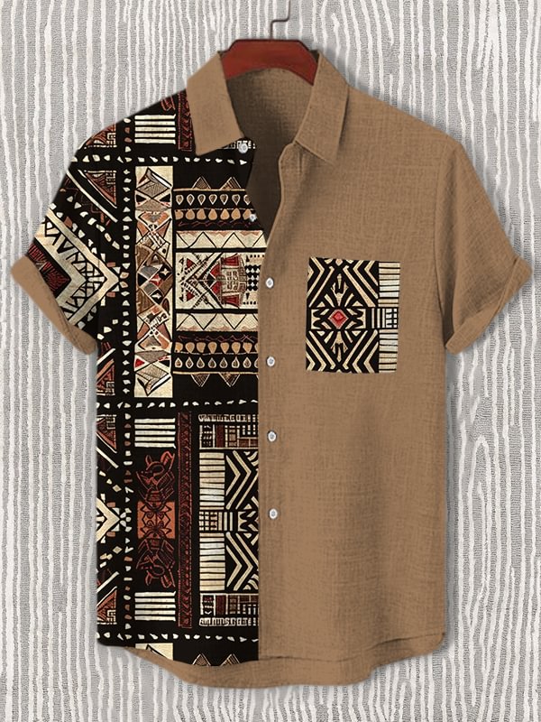 Men's African Traditional Pattern Art Print Linen Blend Shirt