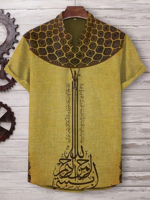 Men's Calligraphy Oud Ethnic Patterns Art Print V Neck T-Shirt