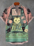 Men's Retro Space Cat Fun Art Print Casual Shirt