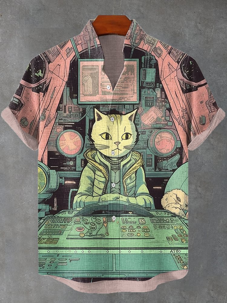 Men's Retro Space Cat Fun Art Print Casual Shirt