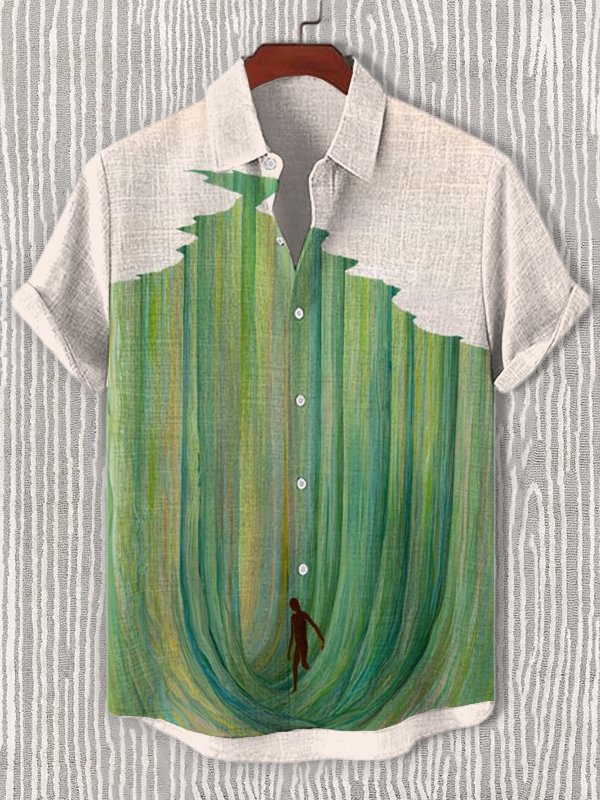 Men's Man Standing In Giant Green Wave Art Print Short Sleeve Shirt