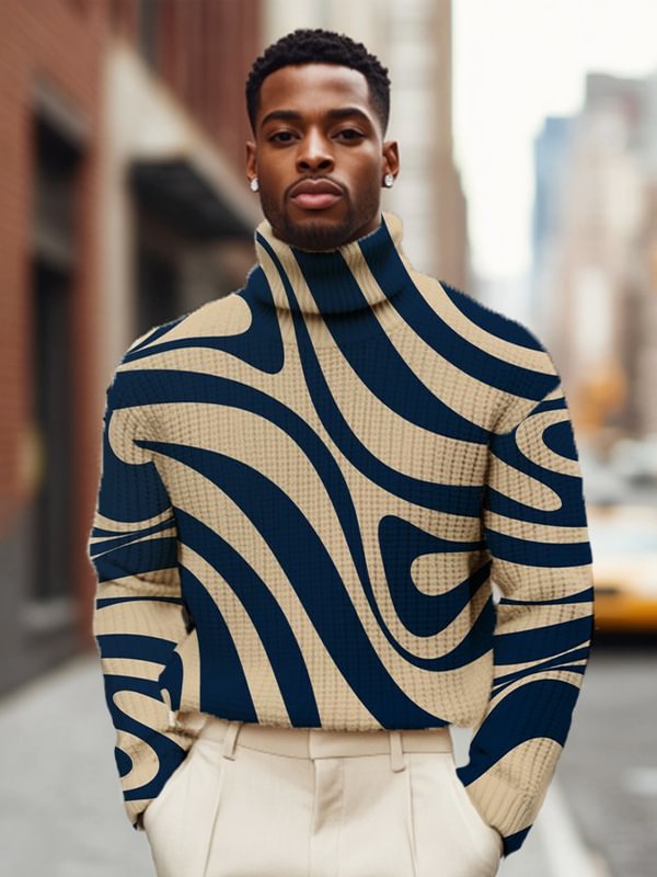 Men's Abstract Geometric Pattern Print High Neck Knit Sweatshirt