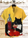 Men's Cat Drinks Red Wine Art Print Casual Linen Blend Shirt