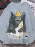 Women's Cat With A Duck On A Plate Art Print Long Sleeve T-Shirt