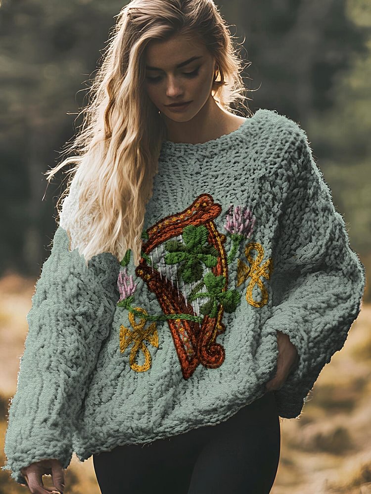 Women's St. Patrick's Day Celtic Harp Clover Print Knit Sweatshirt