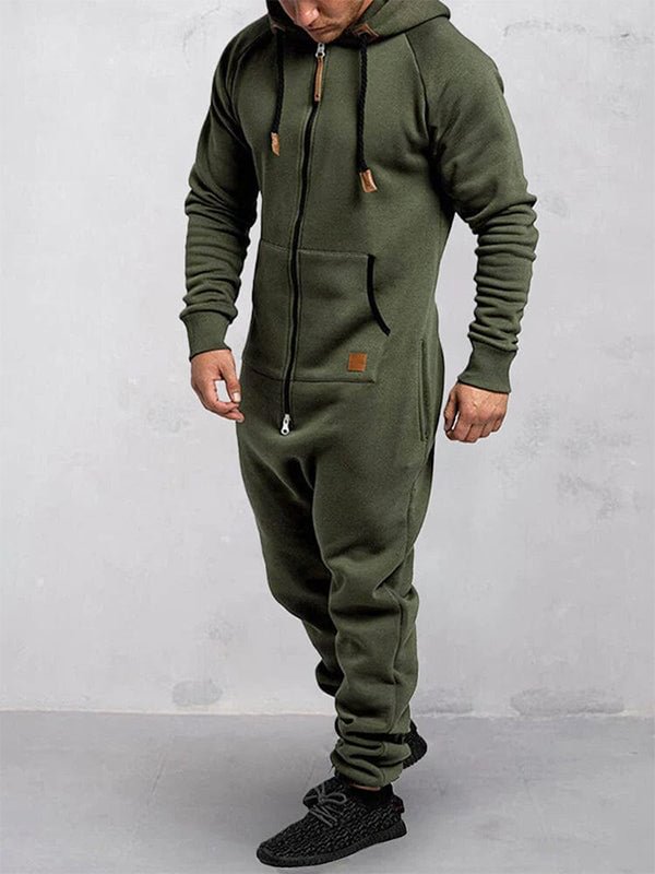 Men's Casual Solid Color Zipper Pocket Fleece Hooded Jumpsuit