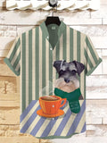 Men's Coffee Schnauzer Retro Stripe Art Print Linen Blend Shirt