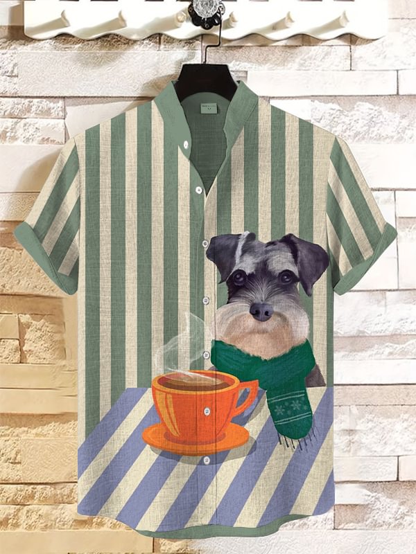 Men's Coffee Schnauzer Retro Stripe Art Print Linen Blend Shirt