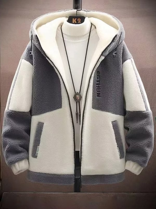 Men's Casual Colorblock Slant Pocket Hooded Zip Up Sherpa Jacket
