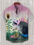 Men's Flower Picking Raccoon Art Print Casual Shirt