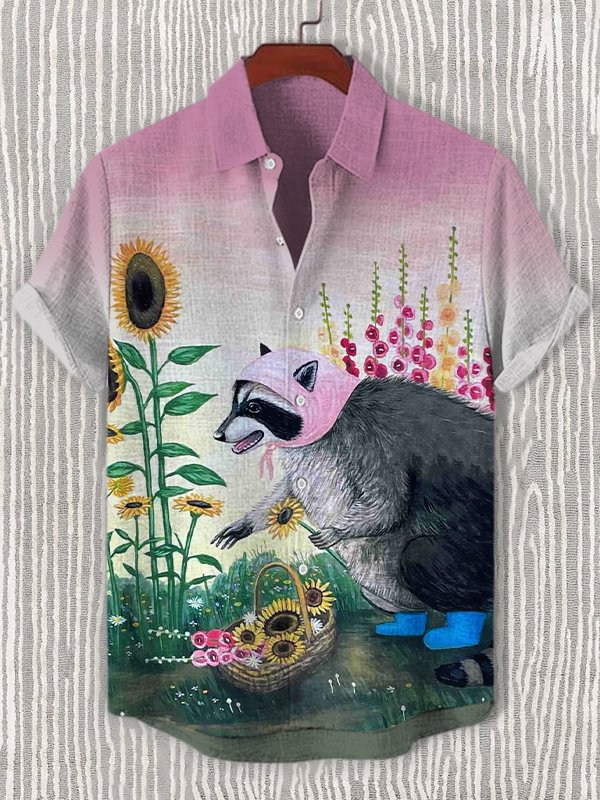 Men's Flower Picking Raccoon Art Print Casual Shirt
