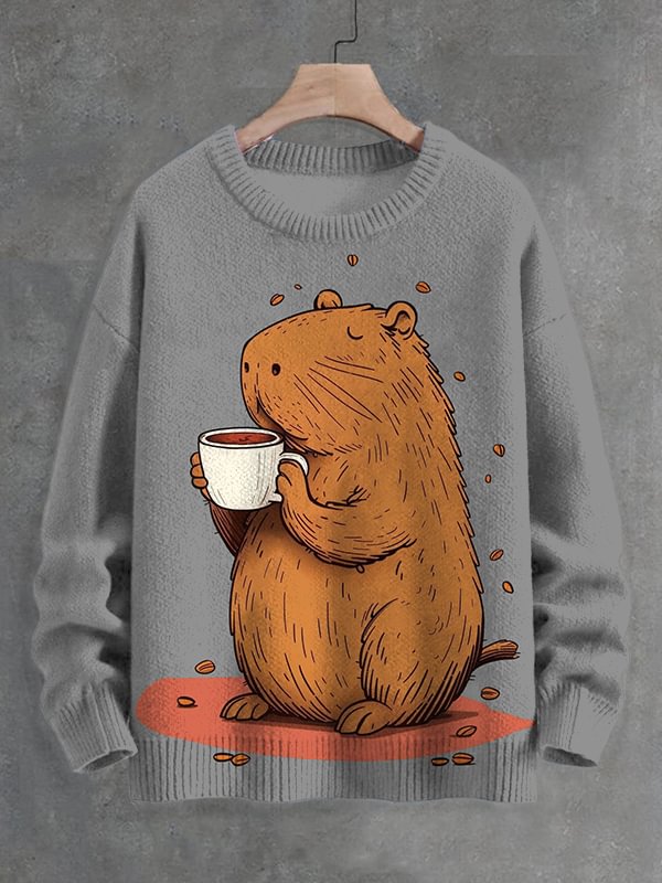 Men's Capybara Drinking Coffee Fun Print Knit Sweatshirt