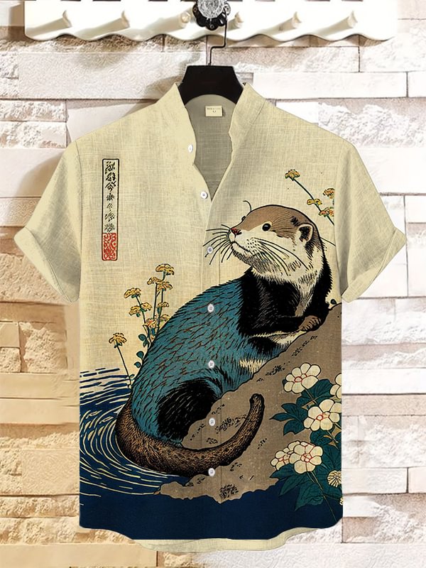 Men's Floral Otter Water Japanese Art Print Casual Linen Blend Shirt