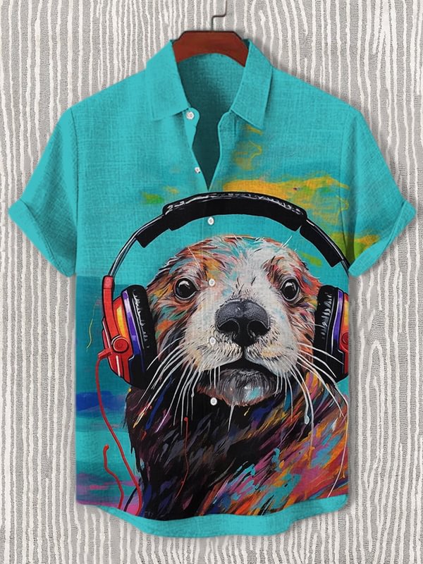 Men's Music Otter With Headphones Print Casual Shirt