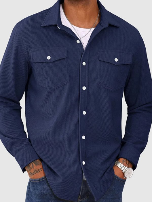 Men's Corduroy Turndown Collar Button Up Pockets Long Sleeve Shirt