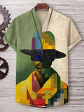 Men's Portrait Color Block Geometric Art Print Linen V Neck T-Shirt