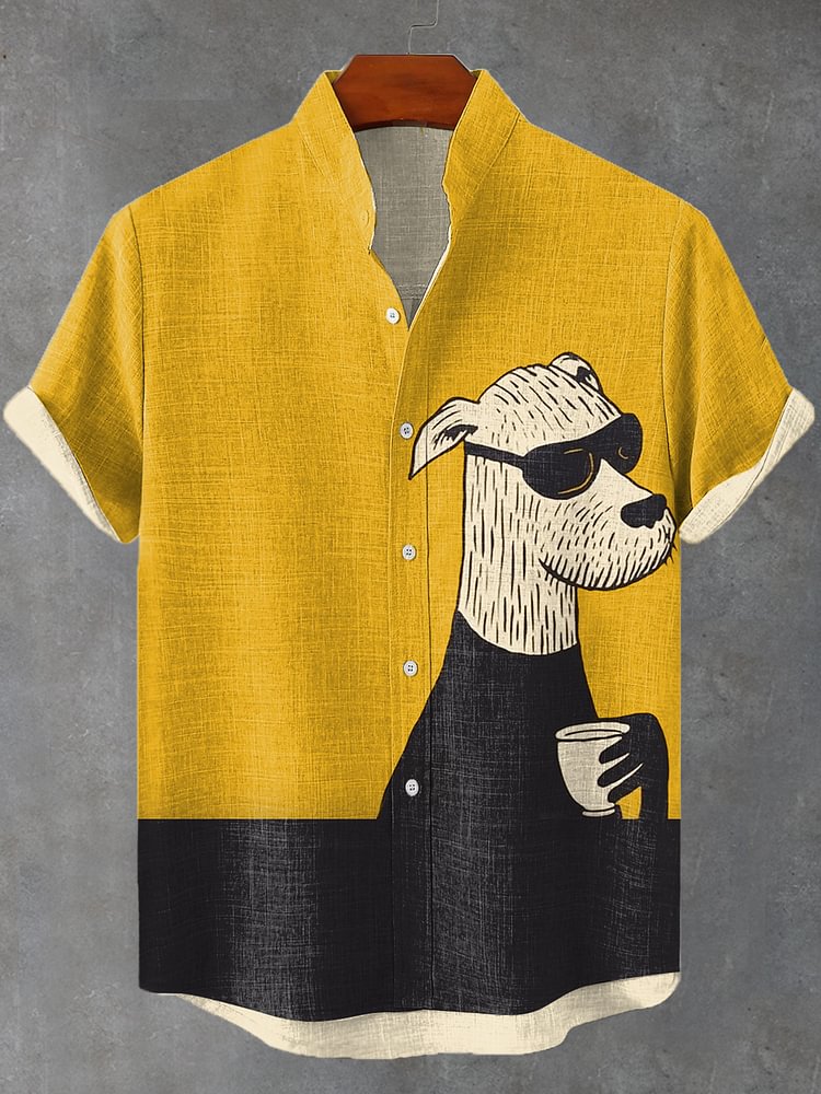 Men's Fun Chilling Dog Coffee Contrast Color Art Casual Linen Blend Shirt