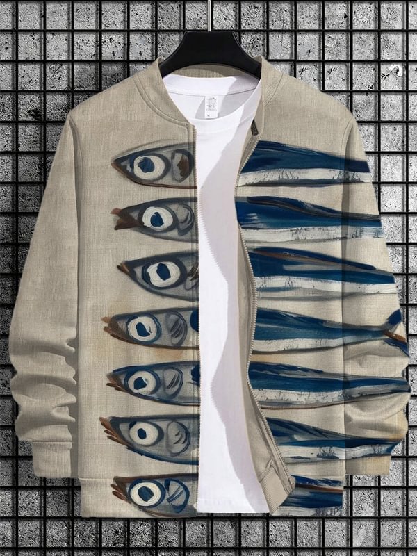 Men's Retro Sardines Art Print Casual Zip Up Jacket