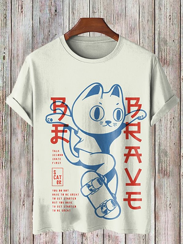Men's Japanese Funny Cat Skateboarding Art Print T-Shirt