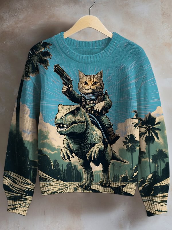 Women's Cat And Dinosaur Fantasy Adventure Art Print Knit Sweatshirt