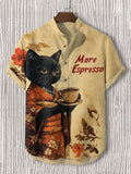Men's More Espresso Black Cat Coffee Japanese Art Print Casual Shirt
