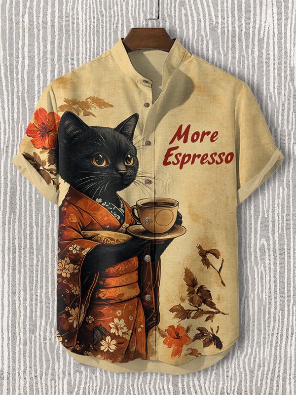 Men's More Espresso Black Cat Coffee Japanese Art Print Casual Shirt