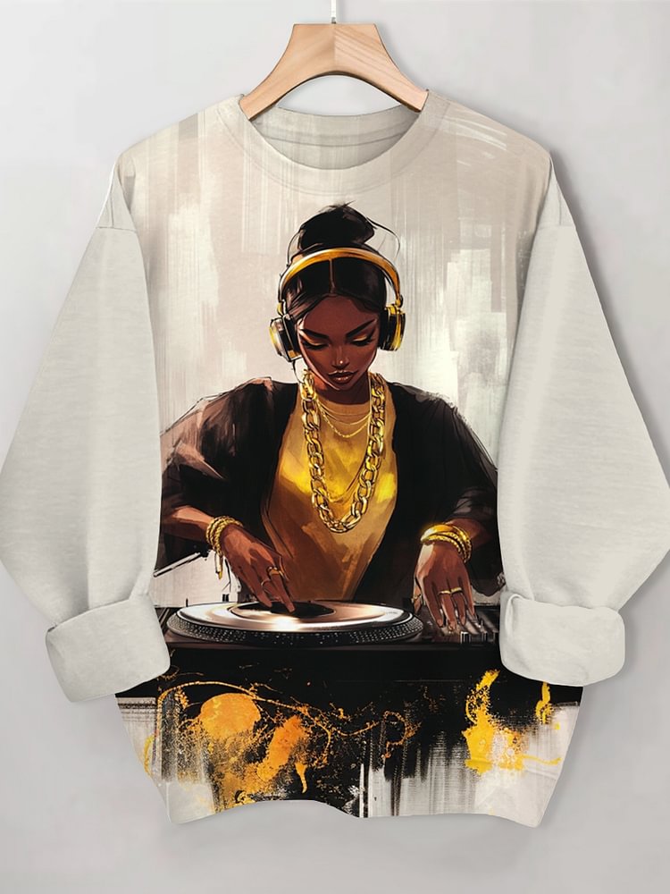 Women's Elegant Black Woman DJ Print Casual Sweatshirt