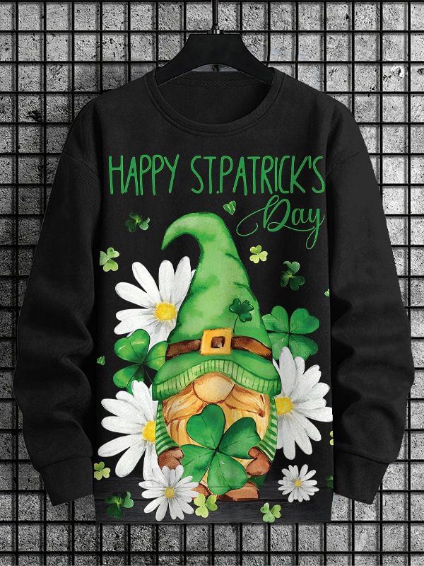 Men's Happy St. Patrick's Day Clover Flower Gnome Print Casual Sweatshirt