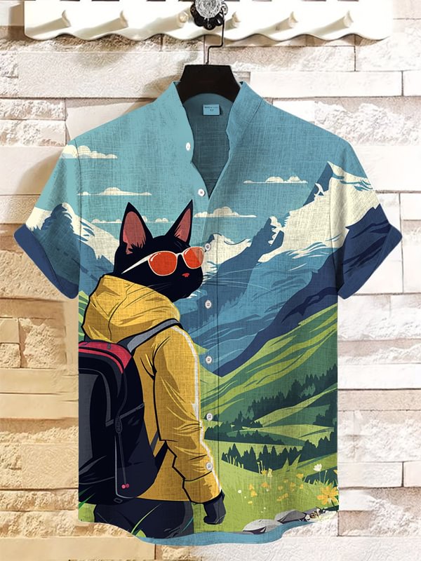 Men's Outdoor Hiking Cat Art Print Casual Shirt