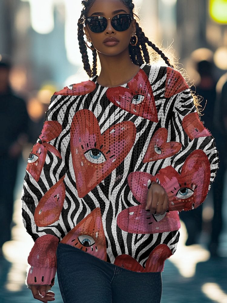 Women's Love Eye Zebra Pattern Print Knit Sweatshirt